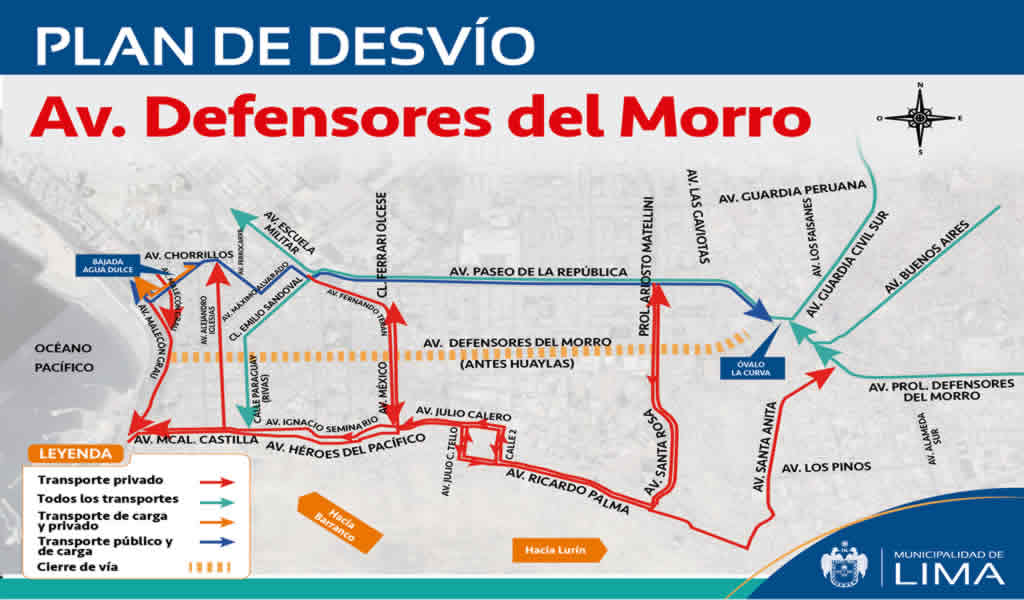 Conozca los desvíos por ejecución de obras en la Av. Defensores del Morro en Chorrillos