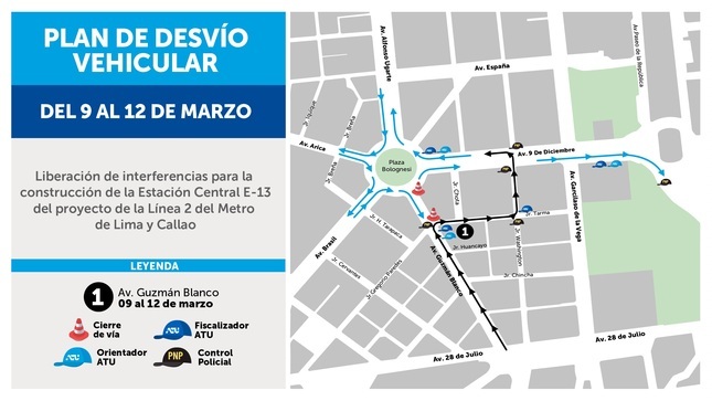 El 9 de marzo se inicia plan de desvío alrededor de Plaza Bolognesi y Paseo Colón por liberación de interferencias para Línea 2 del Metro
